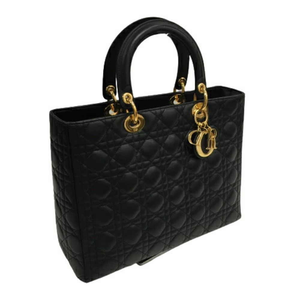 Christian Dior Lady Handbag Lambskin Cannage Black Logo Charm